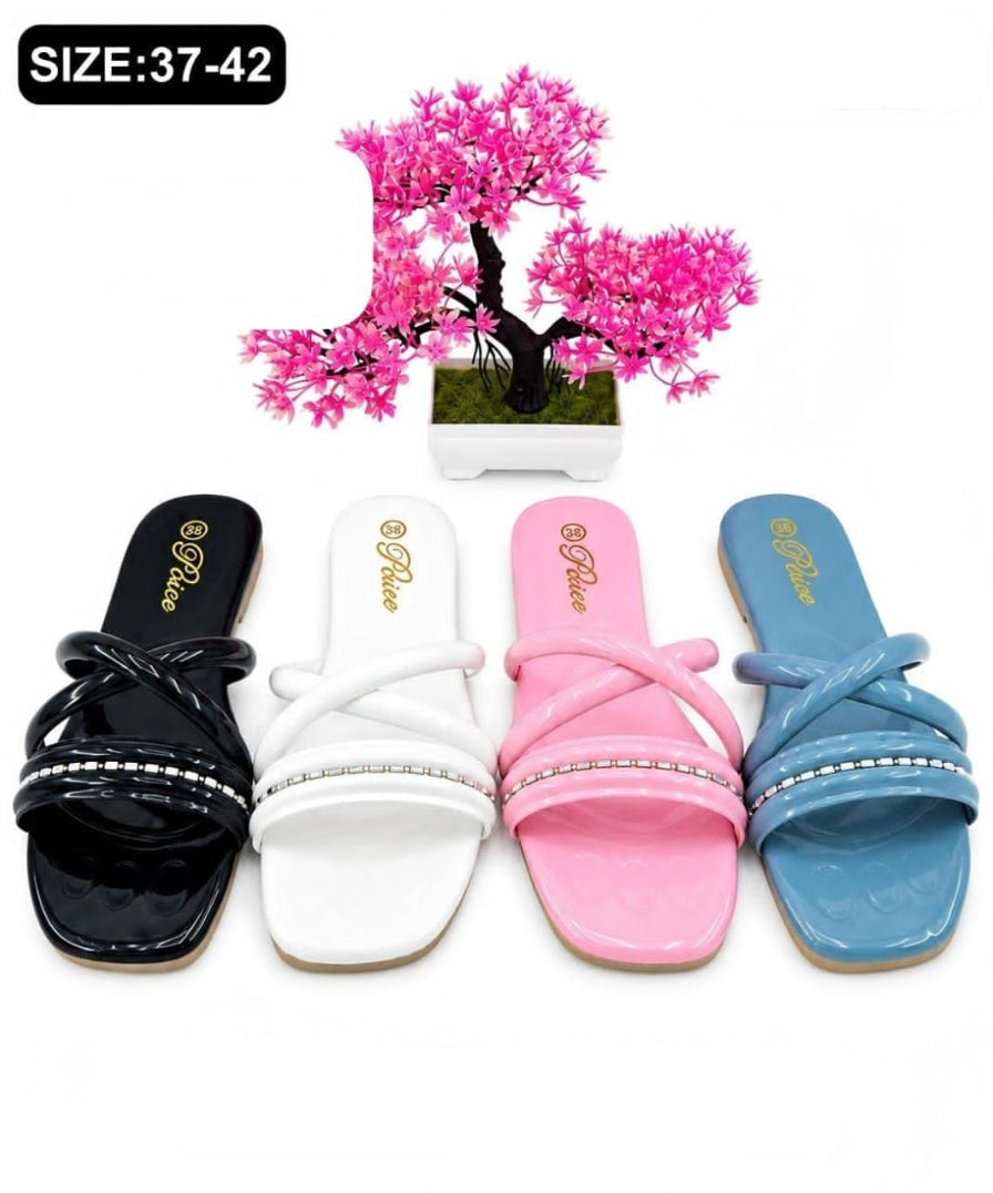 Shiny Cross Strap Slide Sandals – 4 Colors (Black, White, Pink, Blue)