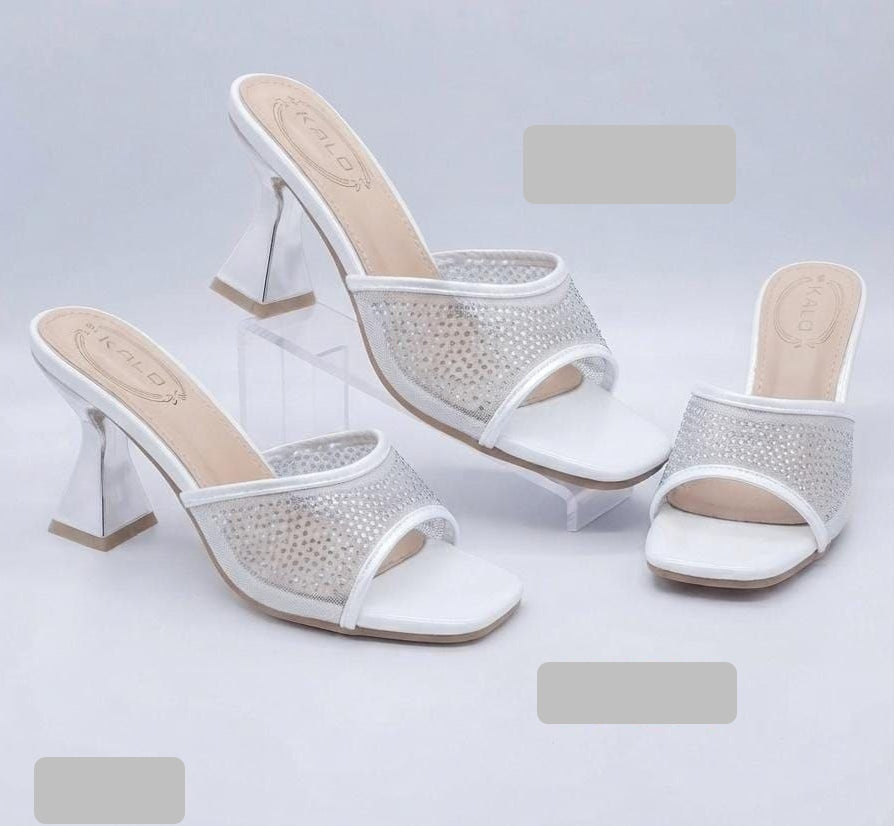 White Mesh Heeled Mules with Rhinestones